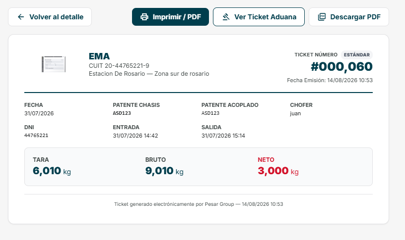 Ticket Digital de Pesada