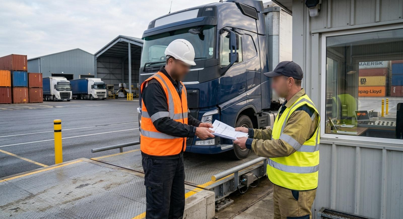 Chofer entregando documentación en papel al operador de la balanza en la ventanilla